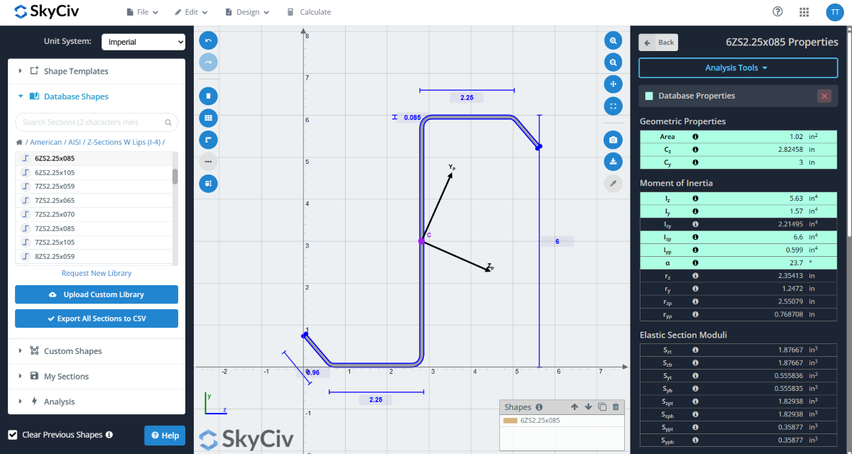 SkyCiv CAD editor showing a blue bent profile with dimension callouts on a grid, left shape library and right properties panel.