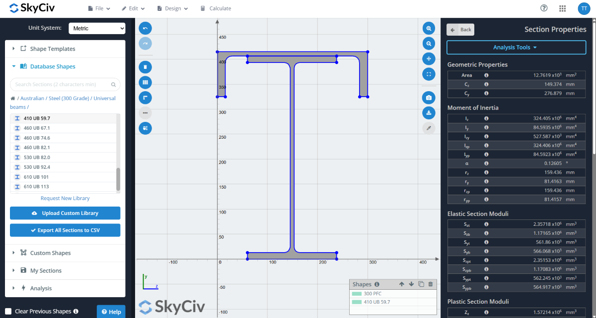 Screenshot of SkyCiv section editor with a blue steel I/U-beam profile on a grid, flanked by left and right UI panels.