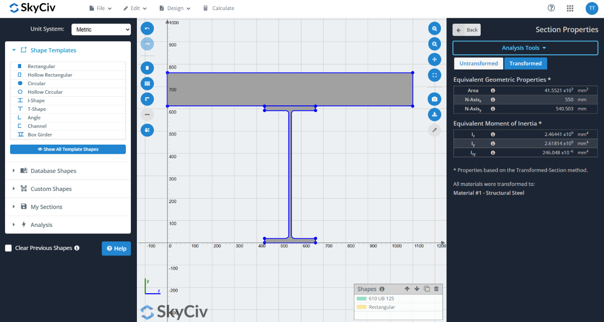 UI screenshot of SkyCiv showing a transformed-section cross‑shape: a wide top flange with a narrow stem, blue outline on a grid, right panel with geometric properties