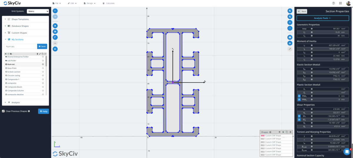 Screenshot of SkyCiv CAD showing a vertical I-beam–like frame outline in blue with left tool panel and right property panel