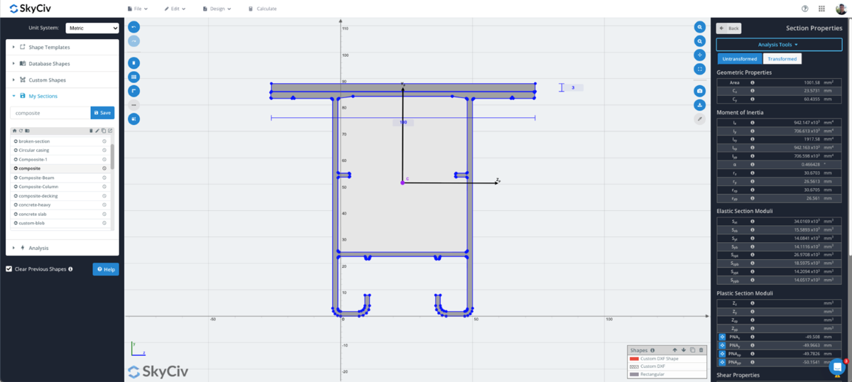 SkyCiv interface showing a blue-outline structural frame with nodes on a grid, left shape library and right section properties panel.