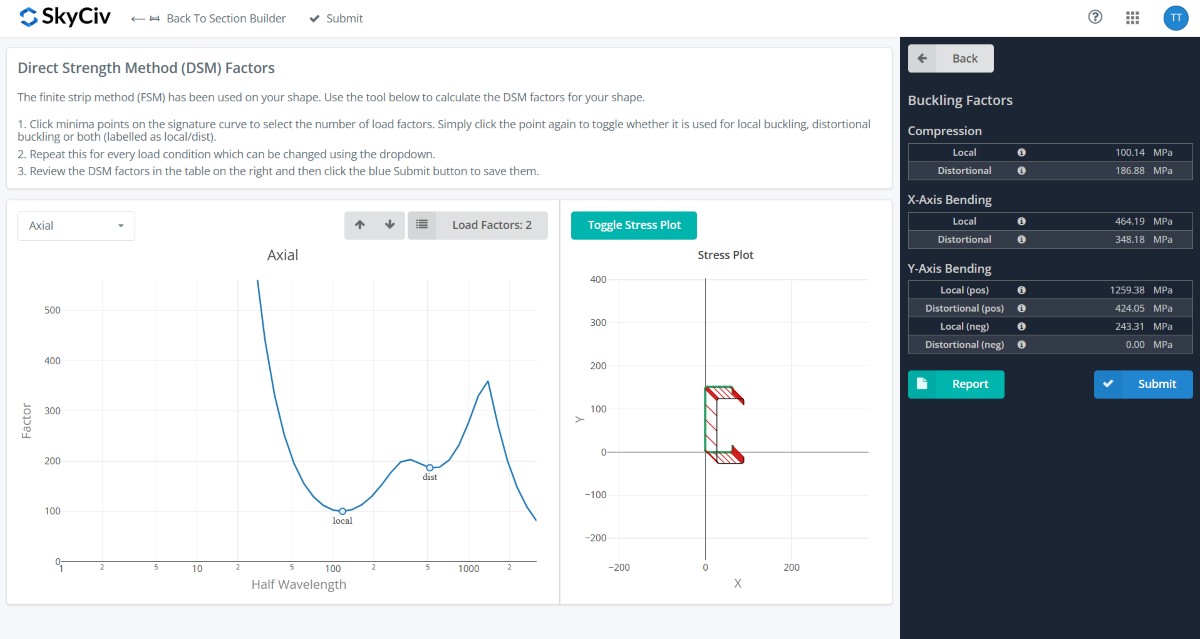 Screenshot of a SkyCiv Direct Strength Method factors tool: left graph shows axial load factors vs half-wavelength, right graph labeled 'Stress Plot', with a Buckling Factors panel on the right listing Local/Distortional factors and a Submit button.