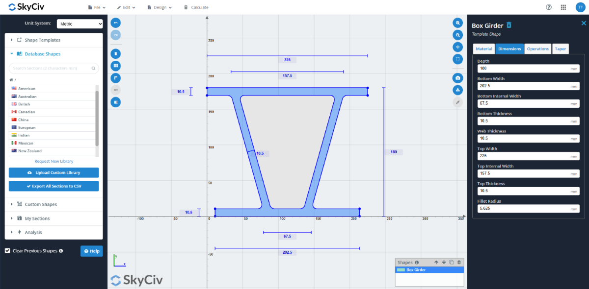 Screenshot of SkyCiv showing a blue hollow box girder outline on a grid, with dimension labels and a right-side panel of box-girder dimensions (depth 180 mm, bottom/top widths ~202.5/157.5–225 mm)
