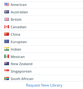 List of country options with small flags: American, Australian, British, Canadian, Chinese, European, Indian, Mexican, New Zealand, Singaporean, South African.