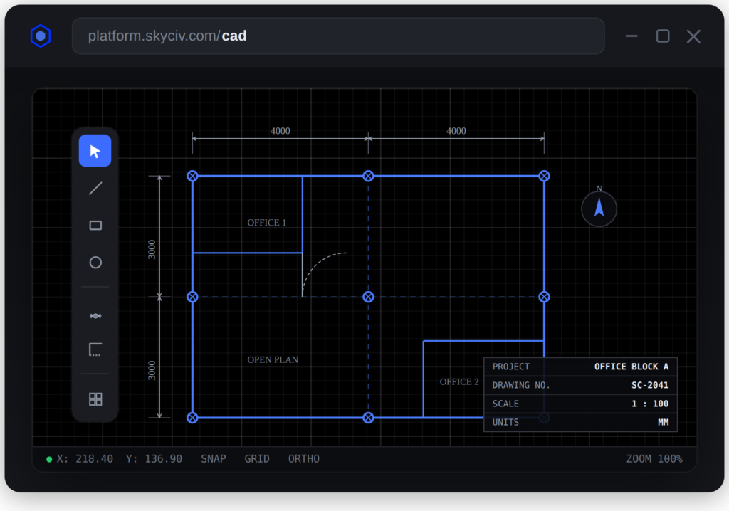 skyciv-cad-mockup-oscuro interfaz de usuario oscura que muestra habitaciones con contorno azul etiquetadas como OFICINAo.y PLAN ABIERTO en una cuadrícula con CAD floor plan in dark UI showing blue outlined rooms labeled OFFICE 1 and OPEN PLAN on a grid with 4,000 mm references and compass at the right side.