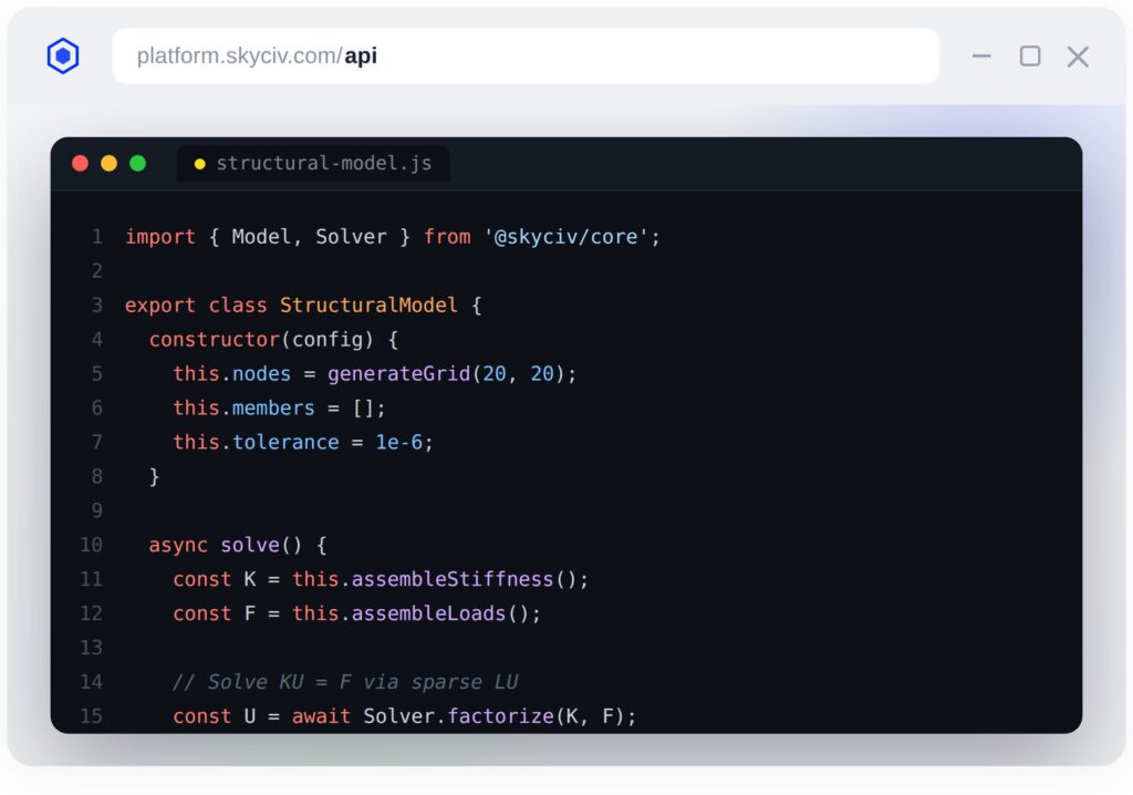 Cap– diferencias skyciva ventana del navegador que muestra platform.skyciv.com/api con un editor de código oscuro que muestra estructural-model.js y código TypeScript/JavaScript en una definición Screenshot of a browser window showing platform.skyciv.com/api with a dark code editor displaying structural-model.js and TypeScript/JavaScript code in a definition.