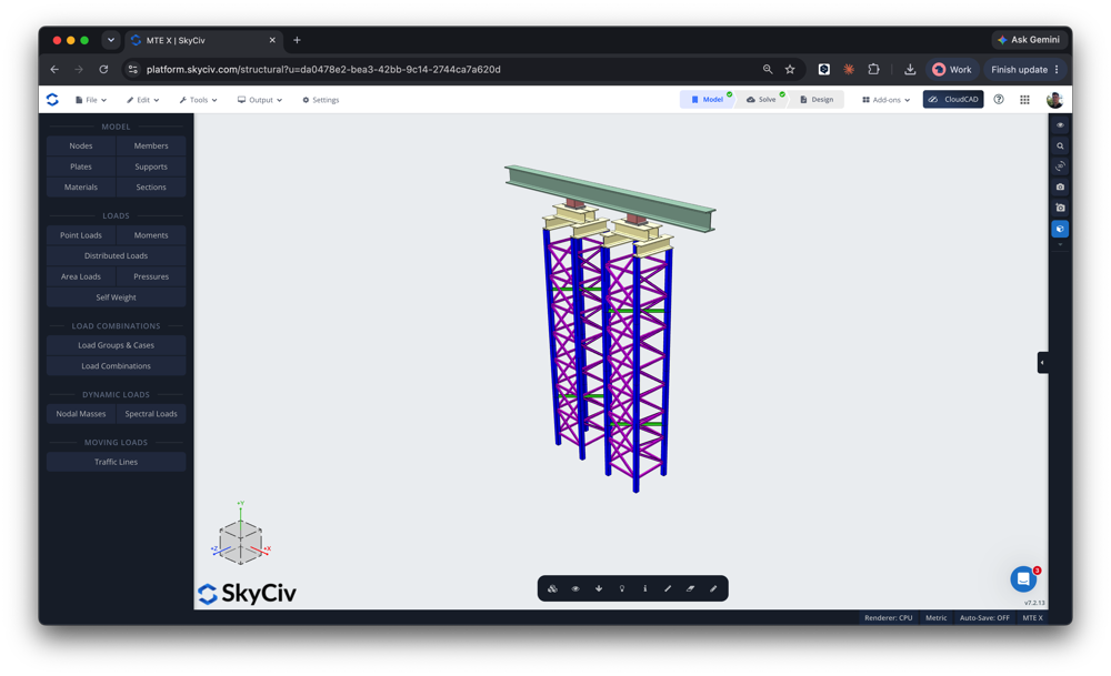 support-structure-1 3D model of a vertical braced frame with blue legs and purple diagonal braces under a top beam in SkyCiv structural analysis software UI