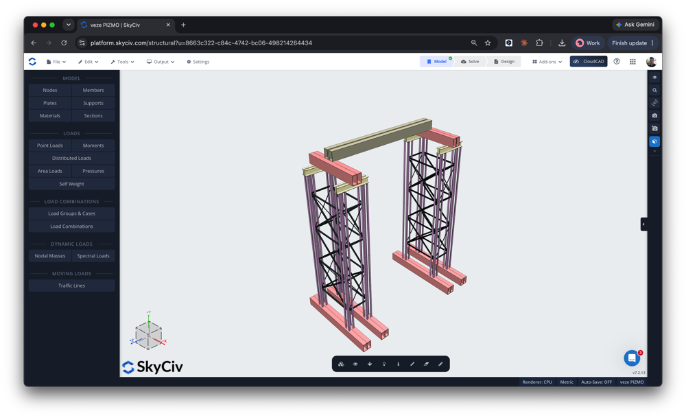 support-structure-2 3D SkyCiv structural model: two vertical steel frames with a top connecting beam, mounted on pink base beams, shown in a CAD viewer