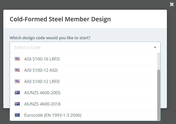 Cold-Formed Steel Member Design dialog with the code list scrolled to AS/NZS 4600-2005, AS / NZS 4600-2018 et Eurocode (EN 1993-1-3 2006)