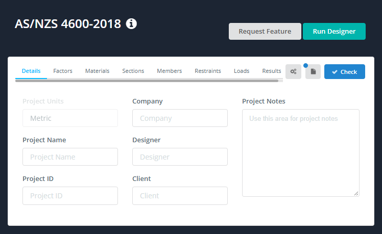 Details tab for AS/NZS 4600-2018 with Project Units Metric, the tabs Details to Results, and the gear, log and Check buttons