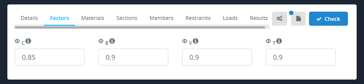 Factors tab with ΦC 0.85, B 0.9, ΦV 0.9 and ΦT 0.9