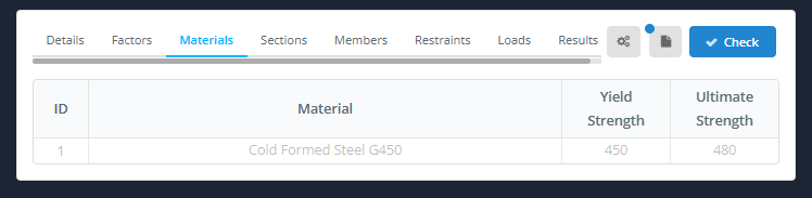 Materials tab: identifiant 1, Cold Formed Steel G450, Limite d'élasticité 450, Force ultime 480