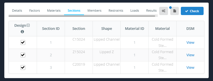 Sections tab with Design ticked for C15024 (Lipped Channel), Z15024 (Lipped Z) and C20019 (Canal à lèvres), each with a DSM View link