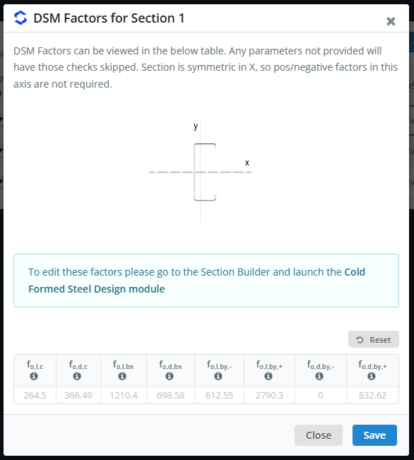 DSM Factors for Section 1 (C15024) with the section sketch and read-only buckling stresses, par exemple. fo,l,c 264.5 and fo,d,c 366.49