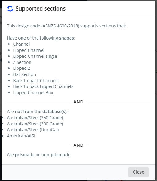 Supported sections for AS/NZS 4600-2018: nine shapes incl. back-to-back and box sections, excluded databases, prismatic or non-prismatic
