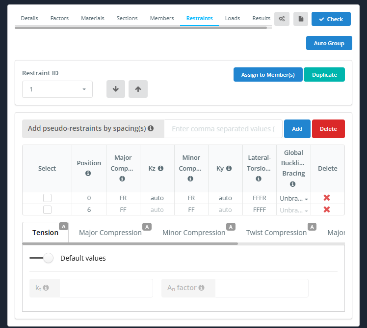 Restraints tab for restraint ID 1 with rows at 0 (FR, FR, FFFR) et 6 (FF, FF, FFFF), and the Tension sub-tab with Default values on