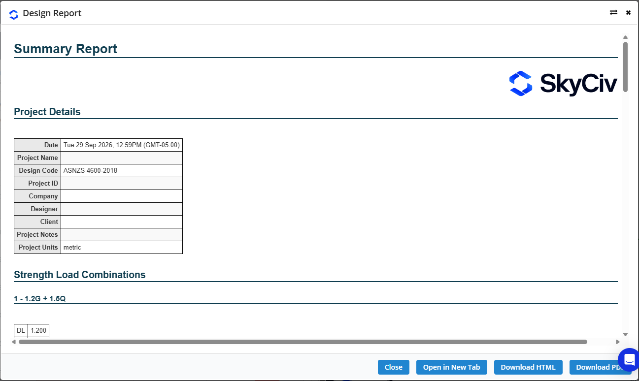 Summary Report with Project Details (Design Code ASNZS 4600-2018, Project Units metric) and Strength Load Combinations, 1 - 1.2g + 1.5Q
