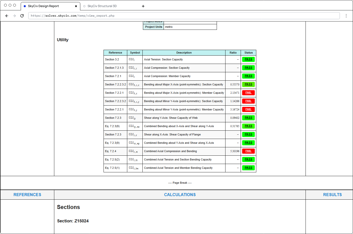 Member report Utility table for Z15024: Section 3.2 to Eq. 7.2.5(1) vérifications, par exemple. Eq. 7.2.4 combined compression and bending 5.30196 ÉCHOUER