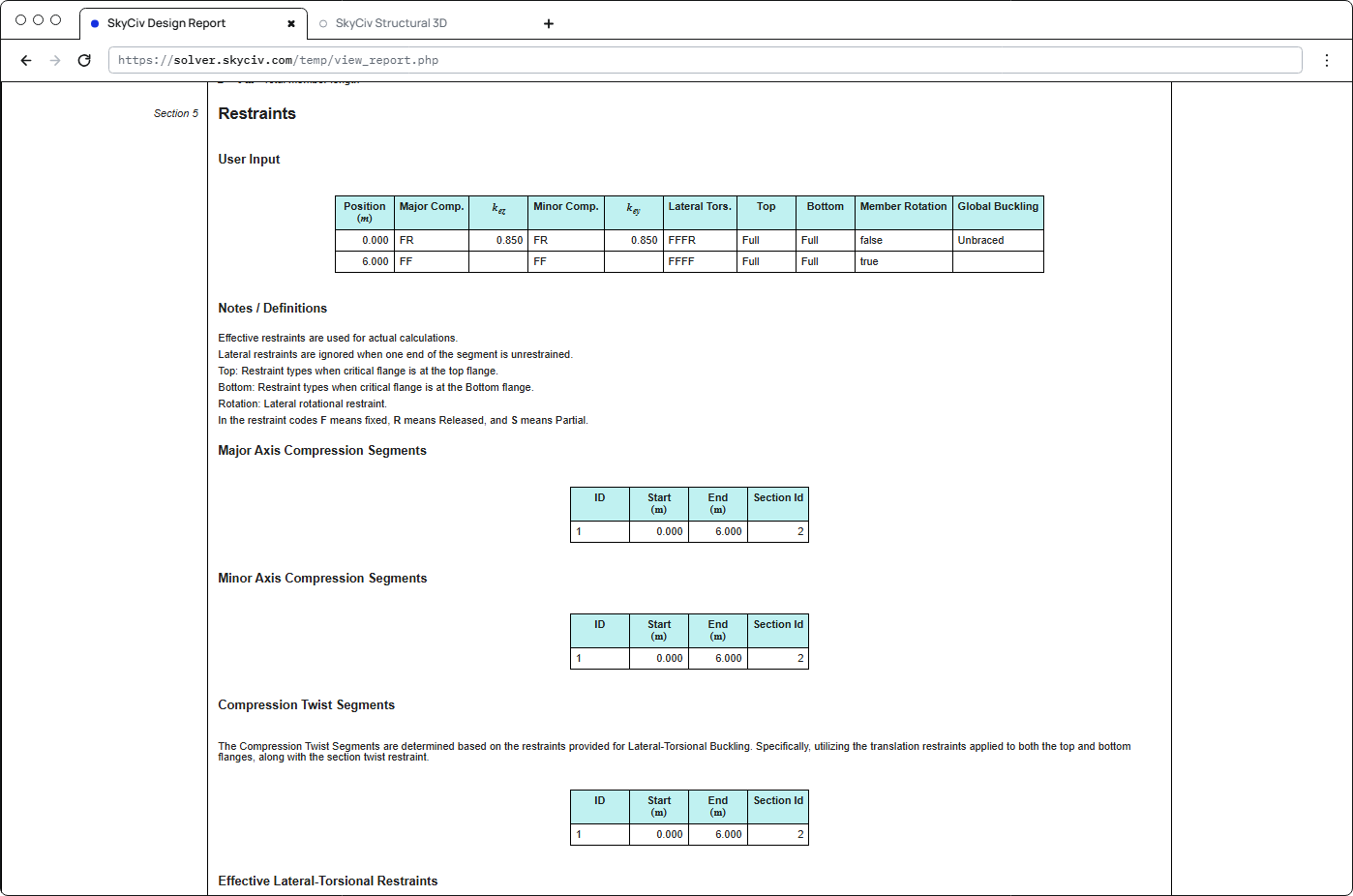 Section Rapport des membres 5 Contraintes: user input at 0 et 6 m with kez and key 0.850, notes on the codes, and the compression segments
