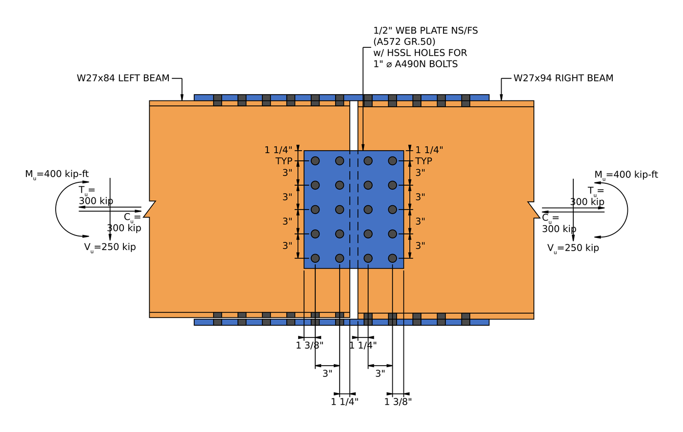 Section A-A through the beam splice web: Due 1/2 in web plates with five rows of two 1 in A490 bolts on each side of the splice, con il 400 kip-ft moment, 300 kip axial load and 250 kip shear