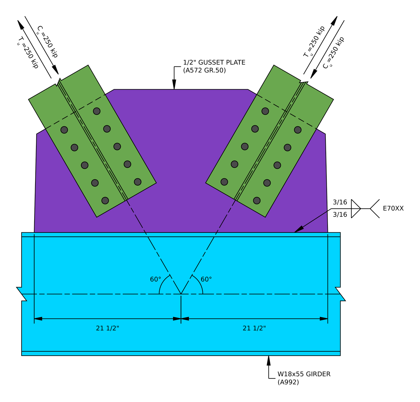 Chevron brace connection design example elevation: two WT7x41 braces at 60 degrees bolted to a 1/2 in A572 Grade 50 gusset plate welded with 3/16 in E70XX fillets to the bottom flange of an A992 W18x55 girder, Tu = Cu = 250 kip in each brace