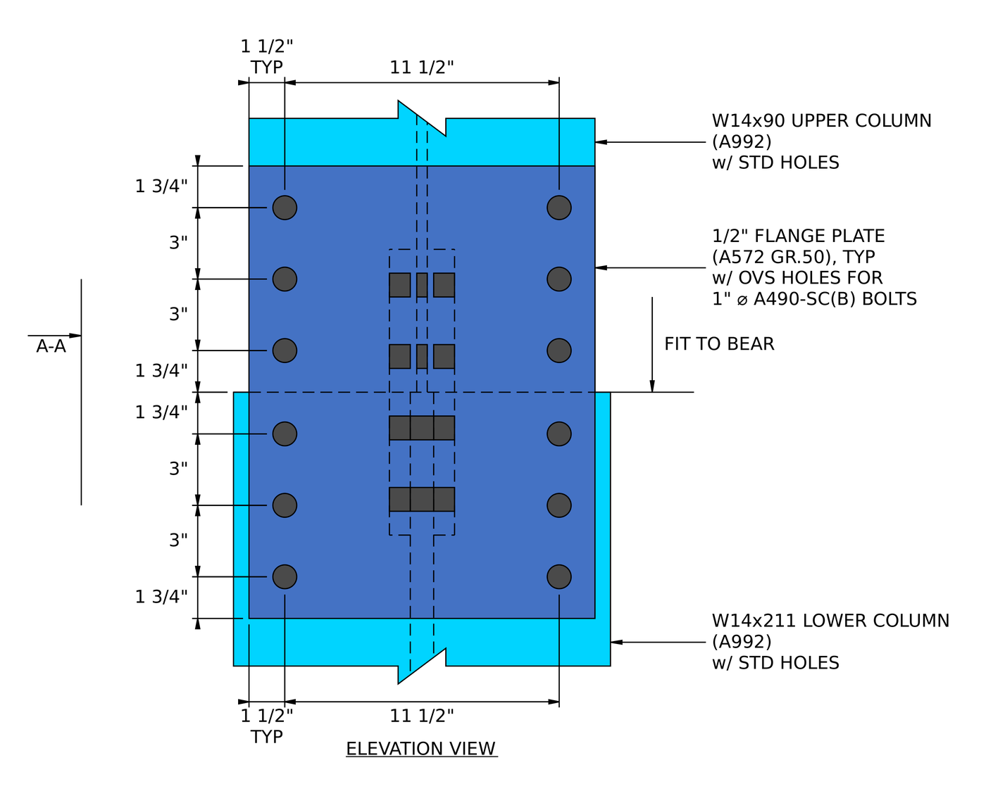 Column splice connection design example, elevazione: 1/2 in flange plate bolted to a W14x90 upper column and a W14x211 lower column with 1 in A490-SC bolts at an 11 1/2 in gage and 3 in spacing, with the joint fit to bear