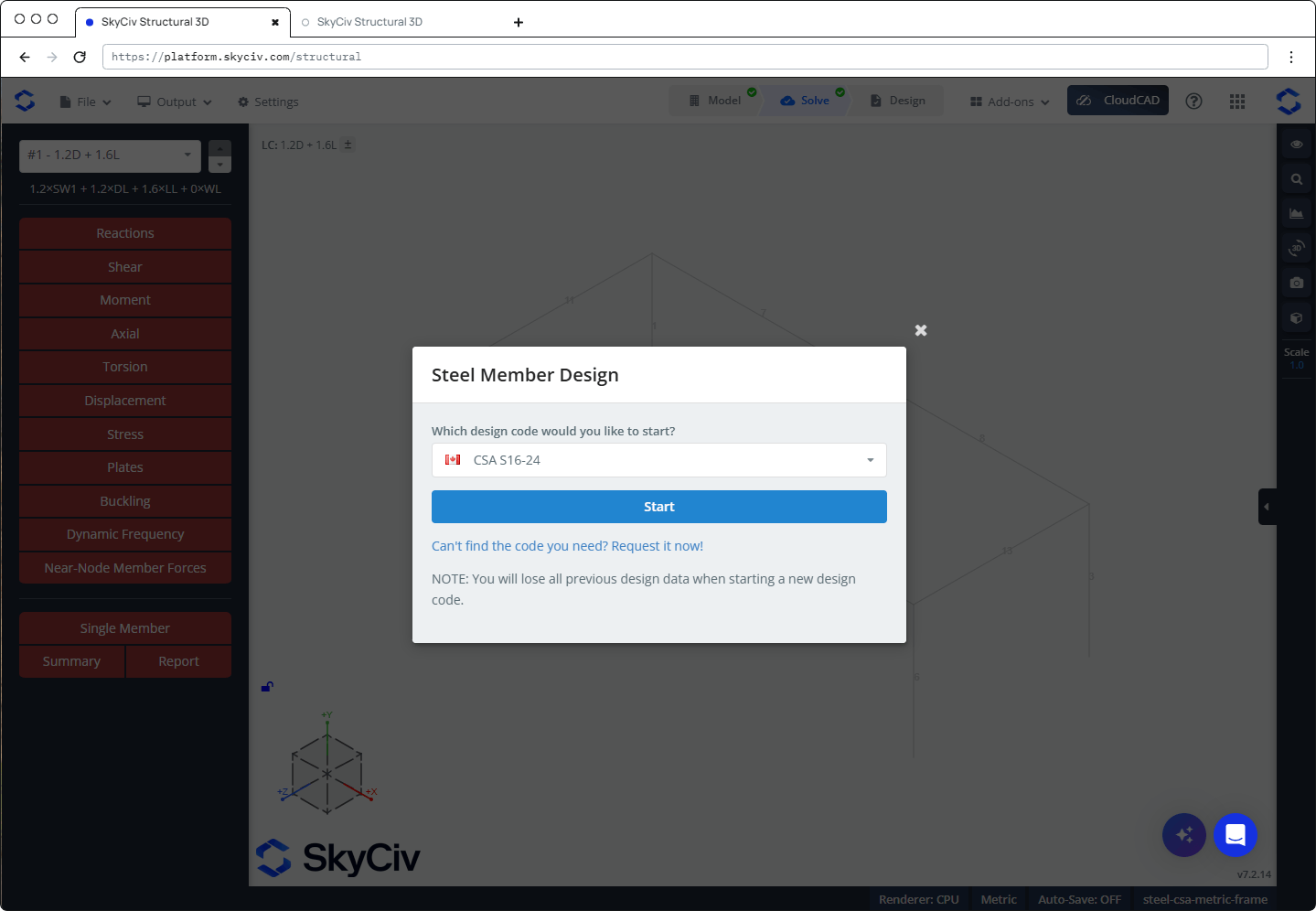 SkyCiv Member Design "Steel Member Design" dialog with CSA S16-24 selected as the design code and a Start button.