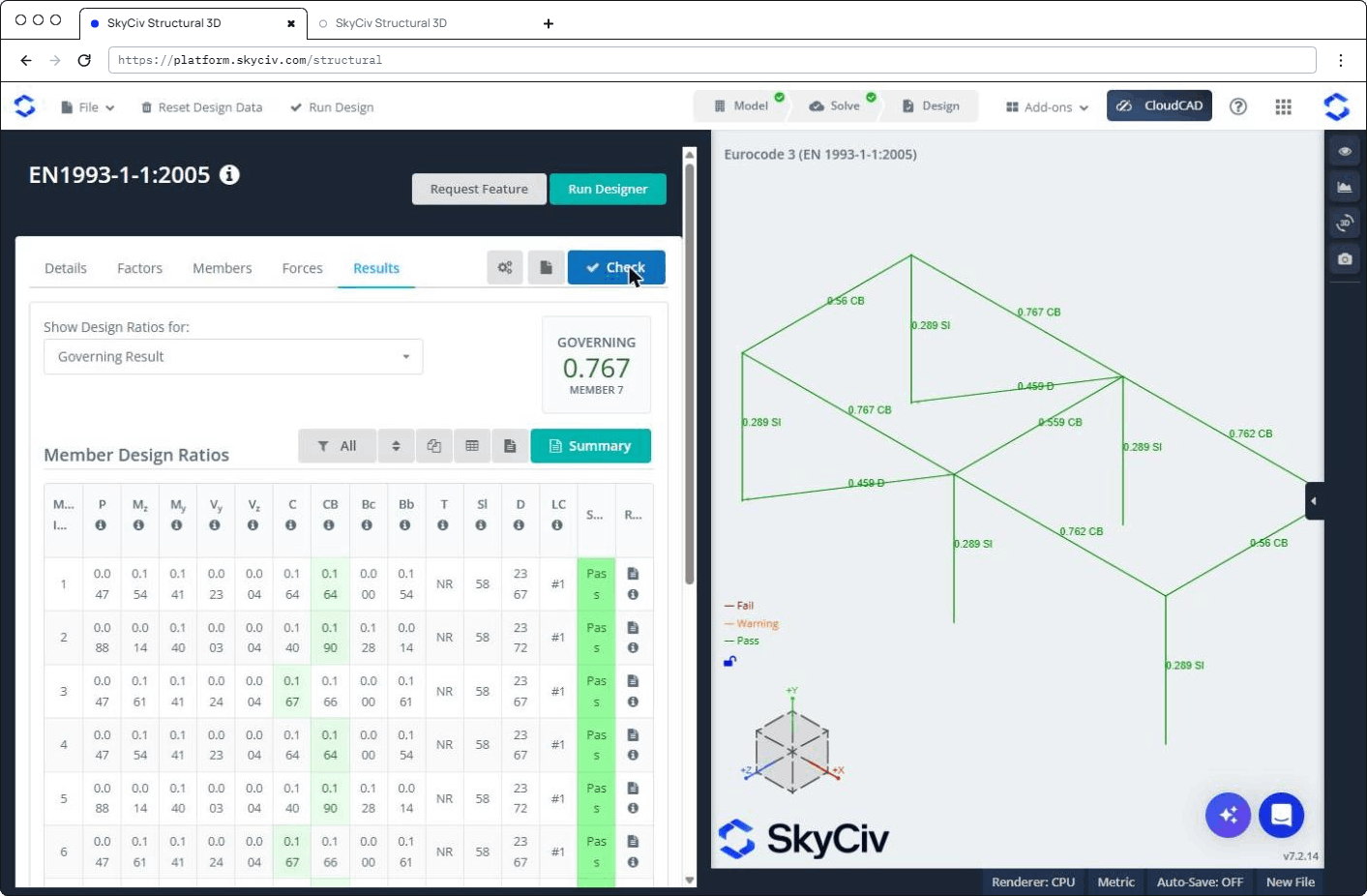 Eurocode 3 (IM 1993-1-1:2005) member design Results tab in SkyCiv S3D, governing ratio 0.767 and all members passing