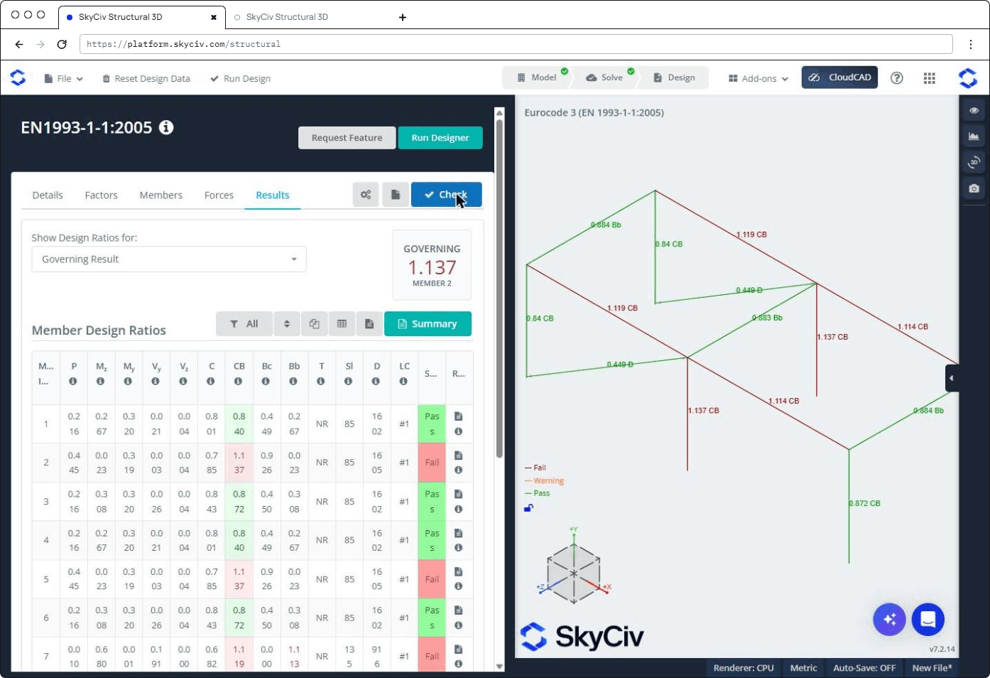 Eurocode 3 member design results in SkyCiv with a governing utility ratio of 1.137; middle columns and long beams marked Fail