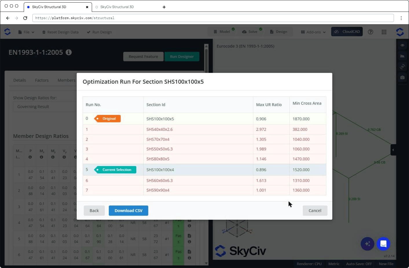 SkyCiv Designer popup listing optimization runs for SHS100x100x5 with max UR and area; SHS100x100x4 is the current selection
