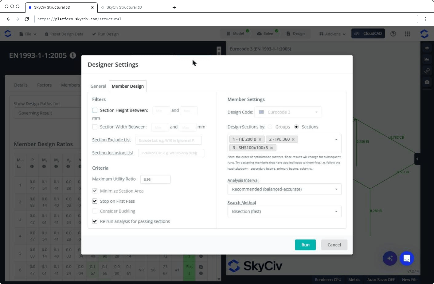 Designer Settings dialog, Member Design tab, Eurocode 3 überprüfen: section filters, 0.95 max utility ratio and member settings.