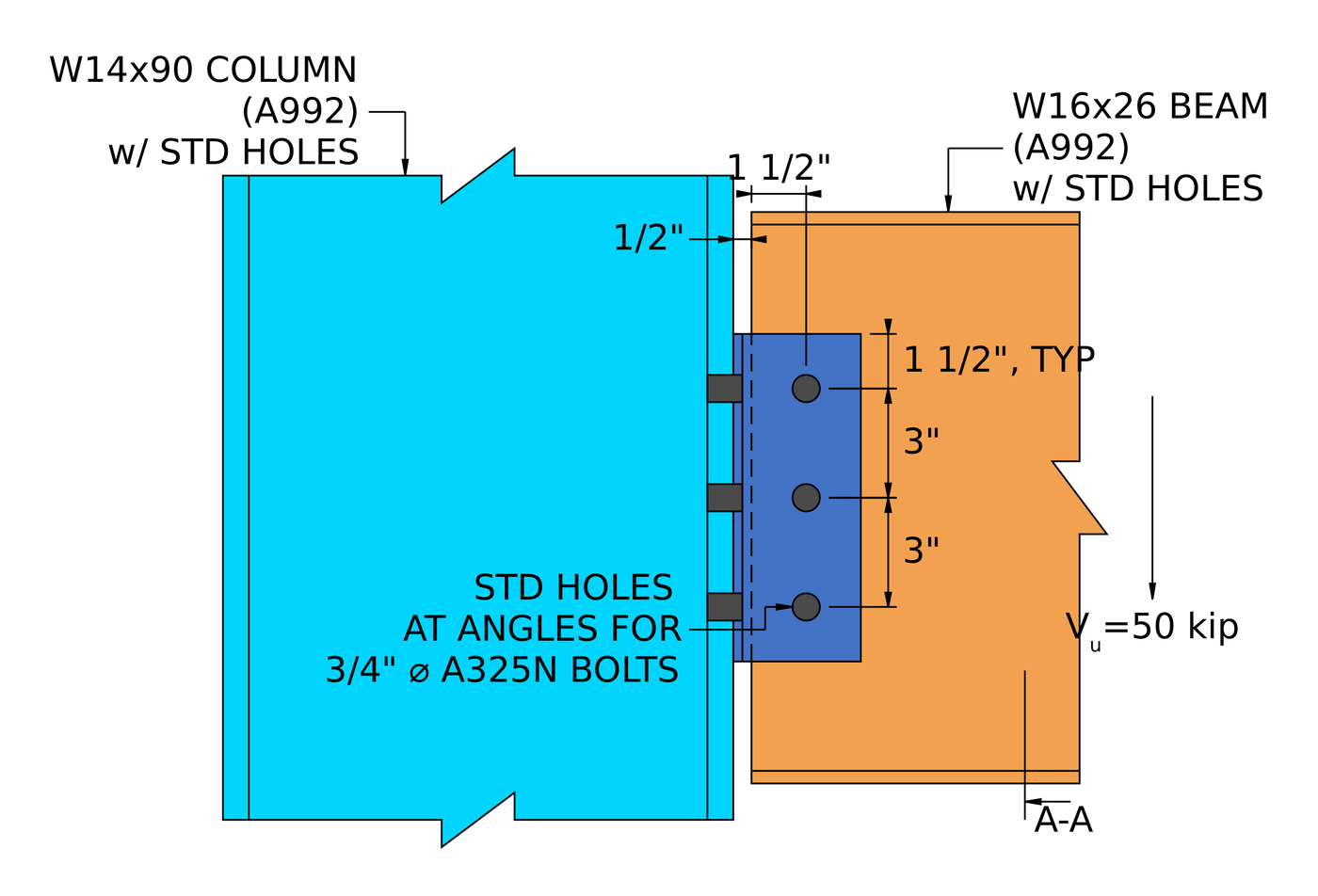 Double angle connection design example elevation: A992 W16x26 beam bolted through 2L4x3-1/2x1/4 A36 angles to the flange of an A992 W14x90 column, three 3/4 in A325N bolts at 3 in spacing, Vu = 50 kip