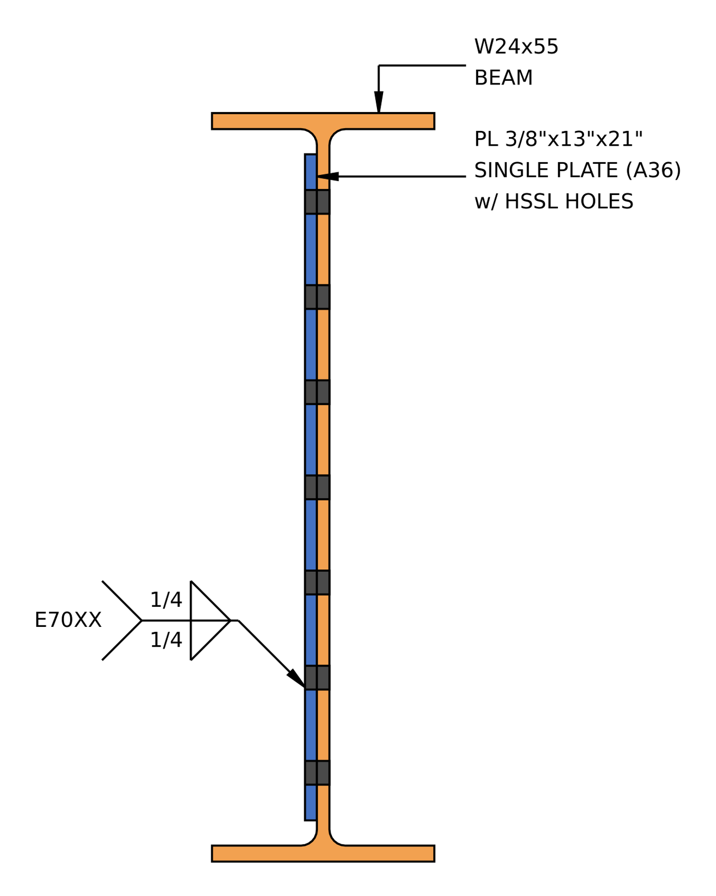 Section A-A through the extended single plate connection showing the PL 3/8 x 13 x 21 A36 plate with horizontal short-slotted holes against the W24x55 beam web and 1/4 in E70XX fillet welds both sides