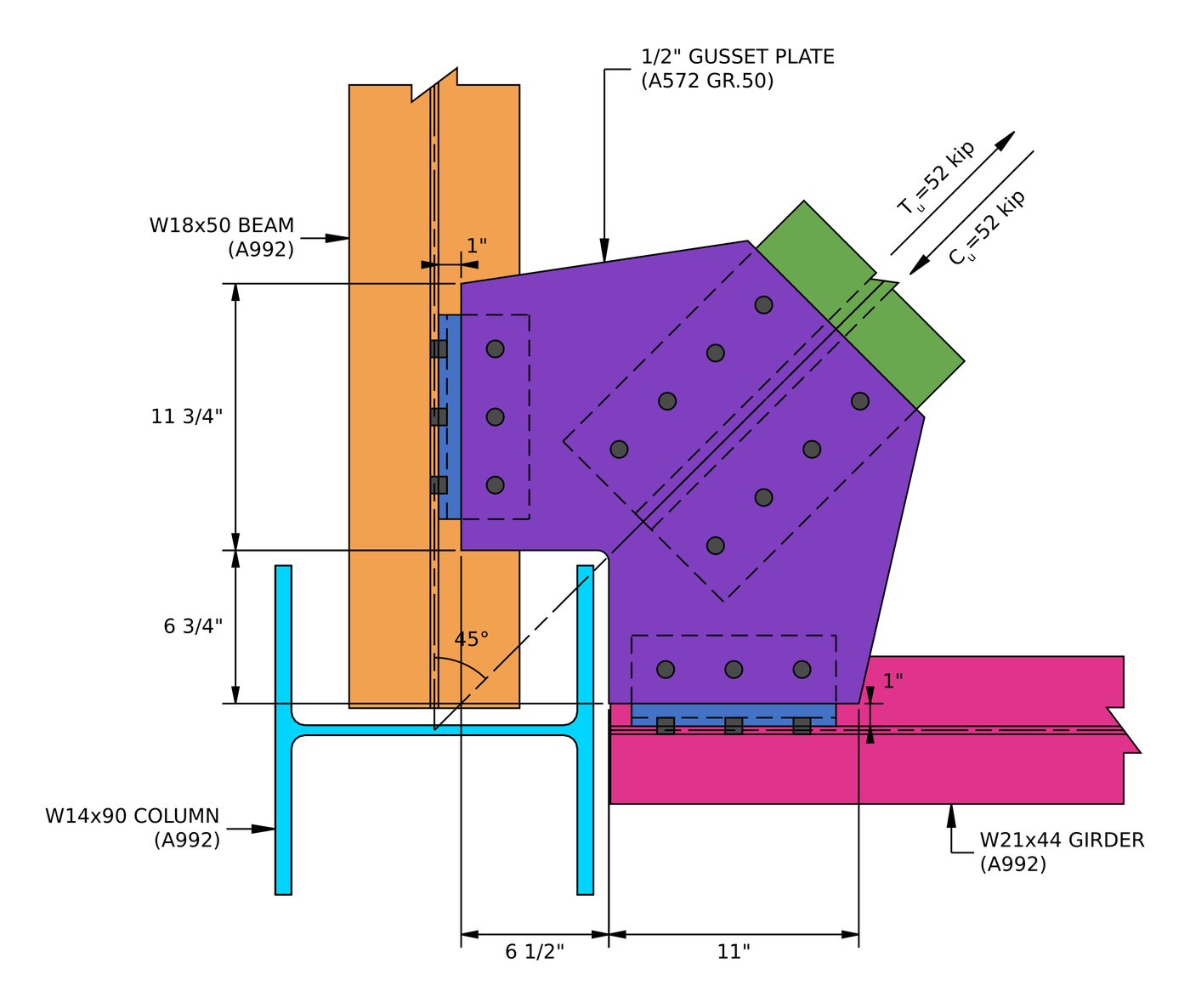 Horizontal brace connection design example plan view: 1/2 A572级 50 gusset in the corner between a W18x50 beam and a W21x44 girder at a W14x90 column, taking a brace at 45 degrees with Tu = Cu = 52 基普, bolted to each member through a single angle