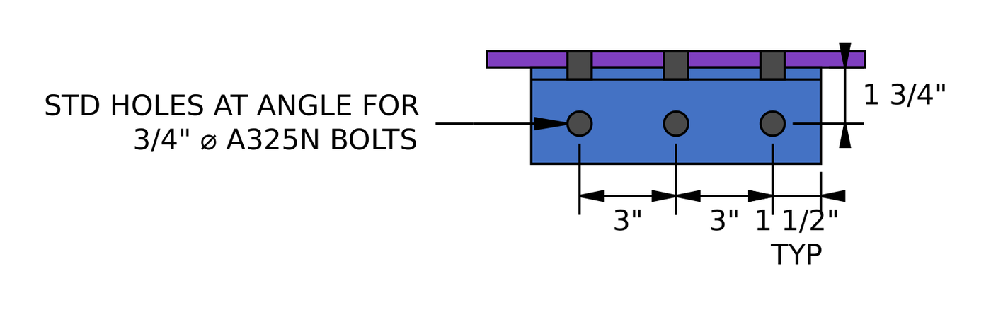 Horizontal brace connection section A-A at the beam: L4x3x3/8 single angle under the gusset with three 3/4 在 A325N 螺栓中 3 在, 1 1/2 in end distance and a 1 3/4 在规格中, standard holes in the angle