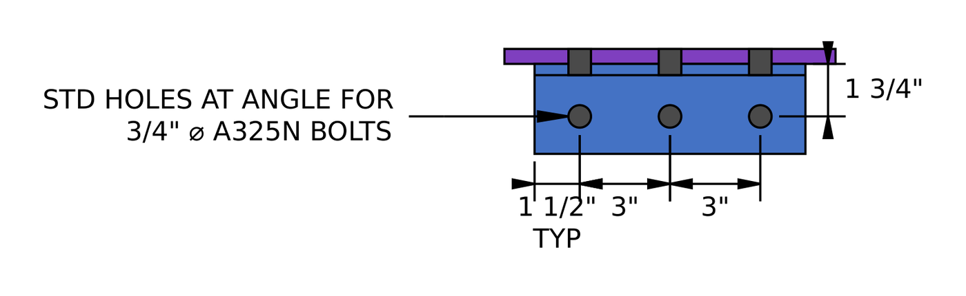 Horizontal brace connection section B-B at the girder: L4x3x3/8 single angle under the gusset with three 3/4 在 A325N 螺栓中 3 在, 1 1/2 in end distance and a 1 3/4 in gage on the angle