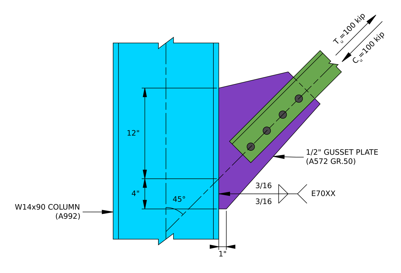 Knee brace connection design example elevation: L4x4x1/2 brace at 45 degrees bolted to a 1/2 in A572 Grade 50 gusset plate welded with 3/16 in E70XX fillets to the flange of an A992 W14x90 column, Tu = Cu = 100 kip