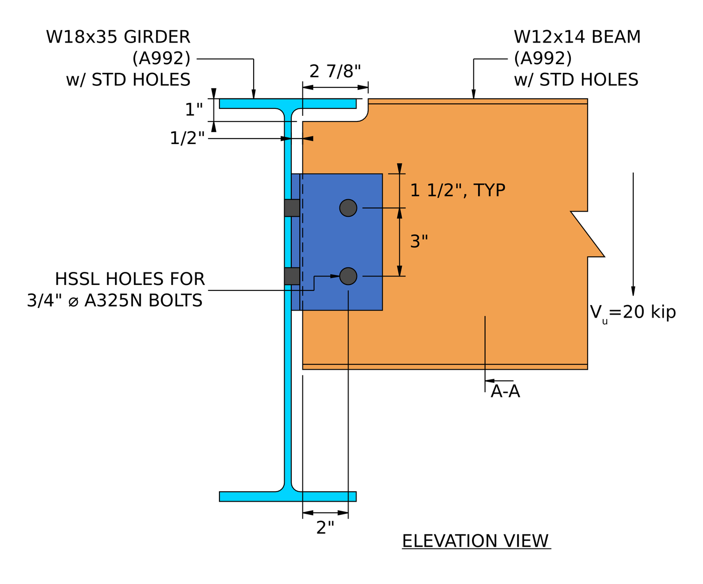 Single angle connection design example elevation: A992 W12x14 beam with a 2 7/8 entro 1 in top cope, bolted through an L4x3x3/8 A36 angle to the web of an A992 W18x35 girder, Due 3/4 in A325N bolts at 3 in spacing, Vu = 20 kip