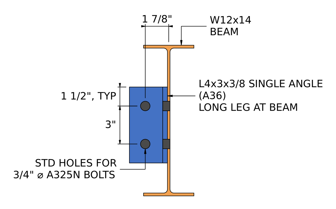 Section A-A through the single angle connection showing the L4x3x3/8 angle with the long leg on the W12x14 beam web, un carico 1 7/8 in support gage and standard holes in the outstanding leg