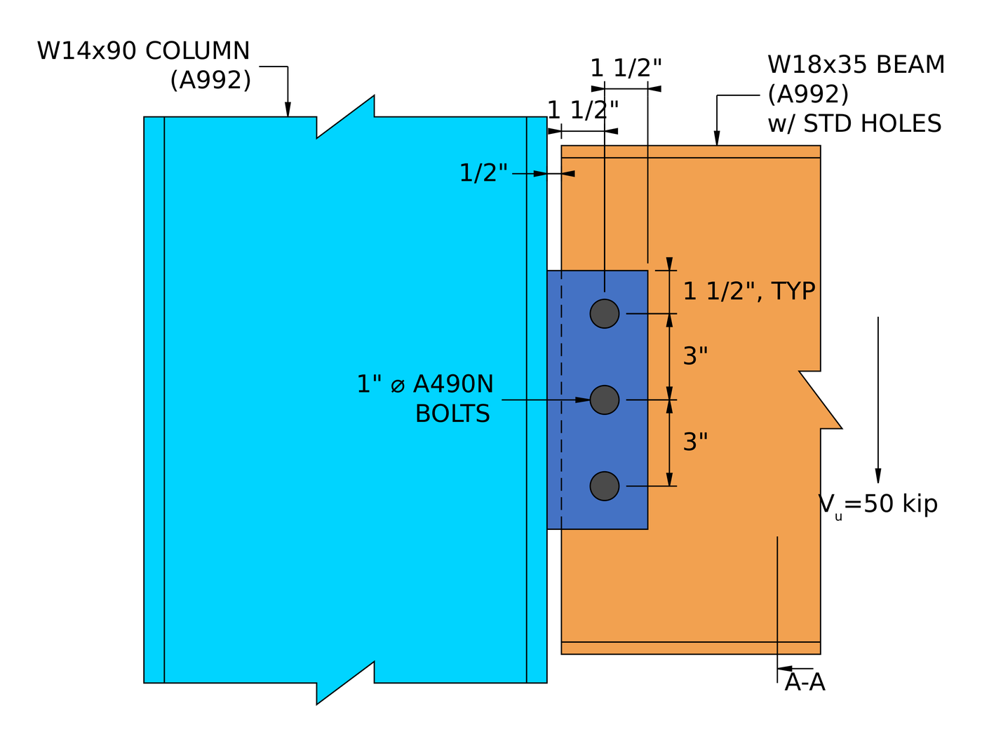 Single plate shear connection elevation: A992 W18x35 beam bolted to a 1/2 in shear tab welded to an A992 W14x90 column flange, three 1 in A490-N bolts at 3 in spacing