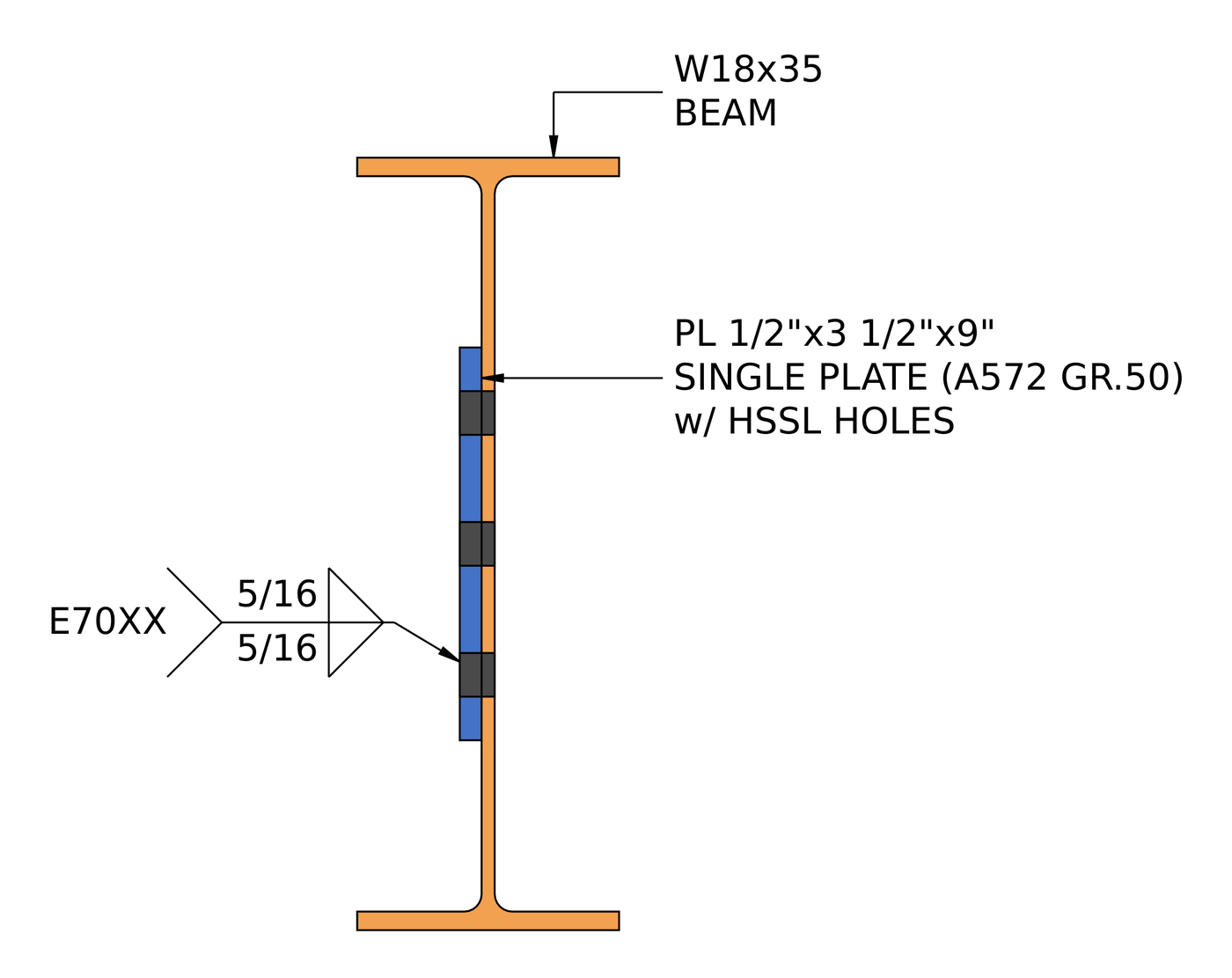 Section A-A through the shear tab showing the 1/2 in x 3 1/2 in x 9 in A572 Grade 50 plate with 5/16 in E70XX fillet welds both sides