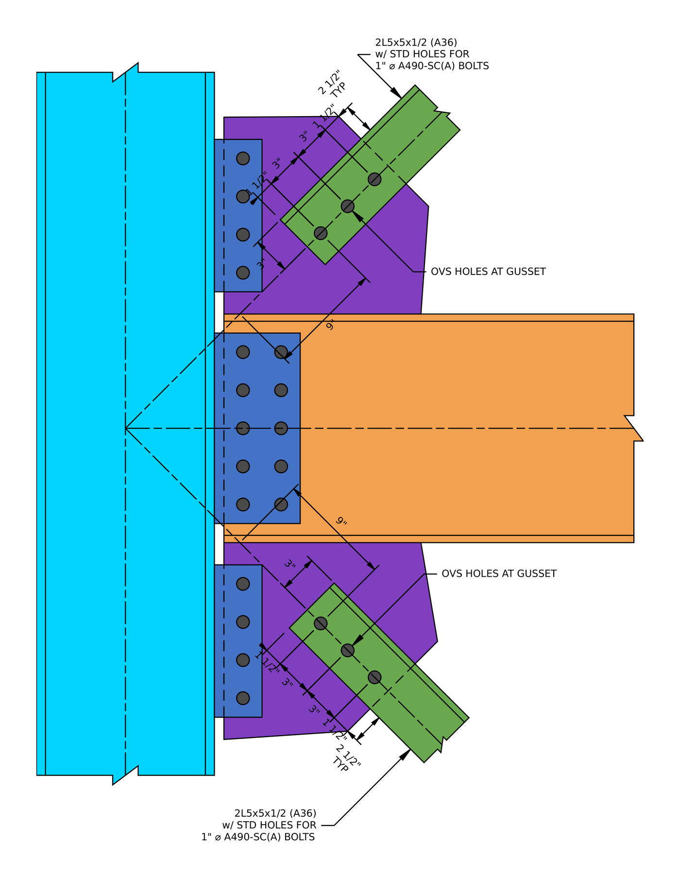 Vertical brace connection design example brace detail: each 2L5x5x1/2 A36 brace bolted to its 1/2 in gusset with three 1 in A490-SC bolts at 3 aralıkta, 1 1/2 in end distance and oversized holes in the gusset, ile 9 in from the last bolt to the beam flange