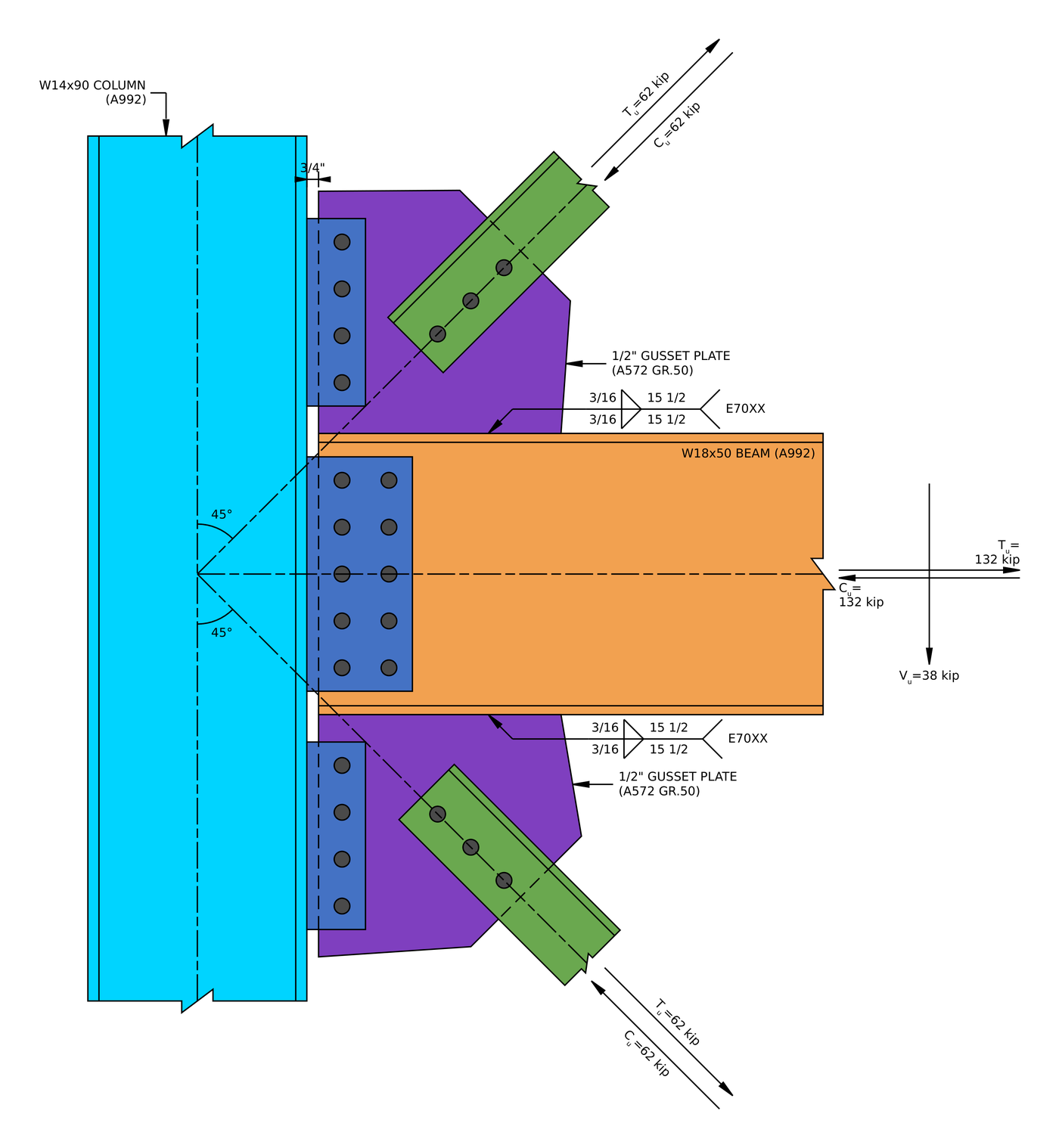 Vertical brace connection design example elevation: W18x50 beam bolted through a 1/2 in single plate to a W14x90 column flange, with upper and lower 1/2 A572 Sınıfında 50 gussets welded to the beam and bolted to the column through 3/8 in single plates, each taking a 2L5x5x1/2 brace at 45 degrees with 62 kip in tension or compression