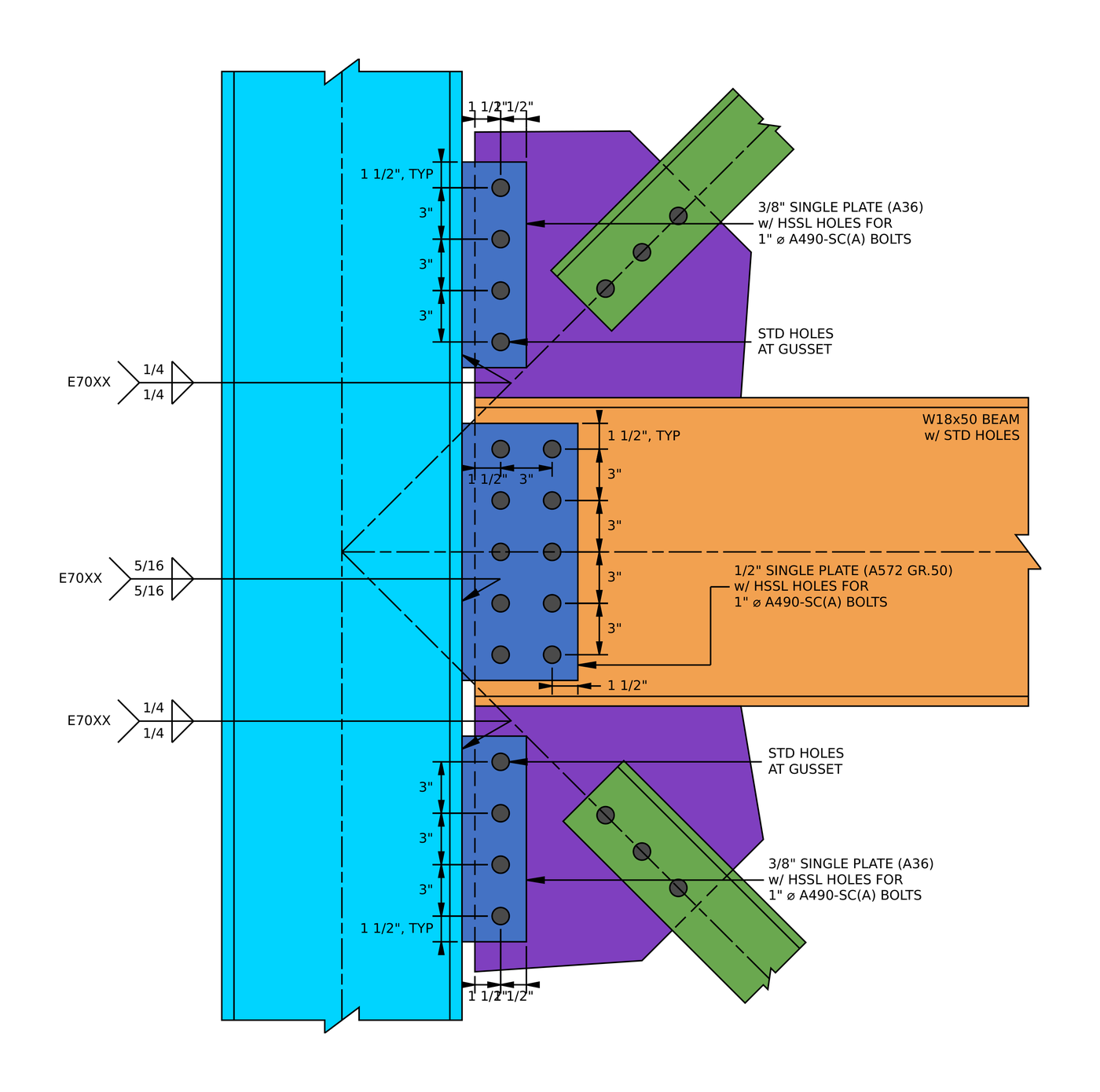 Vertical brace connection design example single plate detail: 3/8 in A36 gusset single plates with four 1 in bolts at 3 in and 1/4 in E70XX fillet welds to the column flange, ve bir 1/2 A572 Sınıfında 50 beam single plate with two lines of five bolts içinde ven and 5/16 in welds, all with horizontal short slotted holes